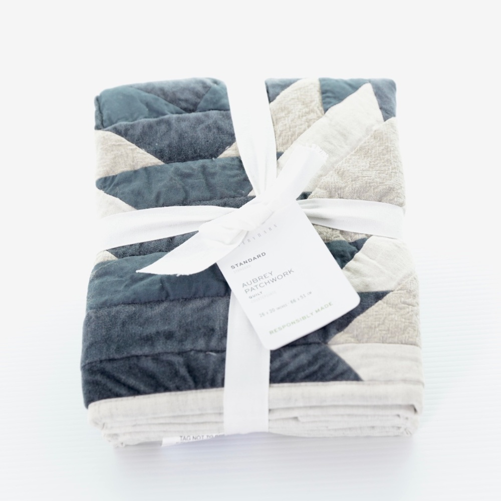 NWT Pottery Barn Aubrey Velvet Patchwork Quilted Shams - (2) Standard Blue Tan